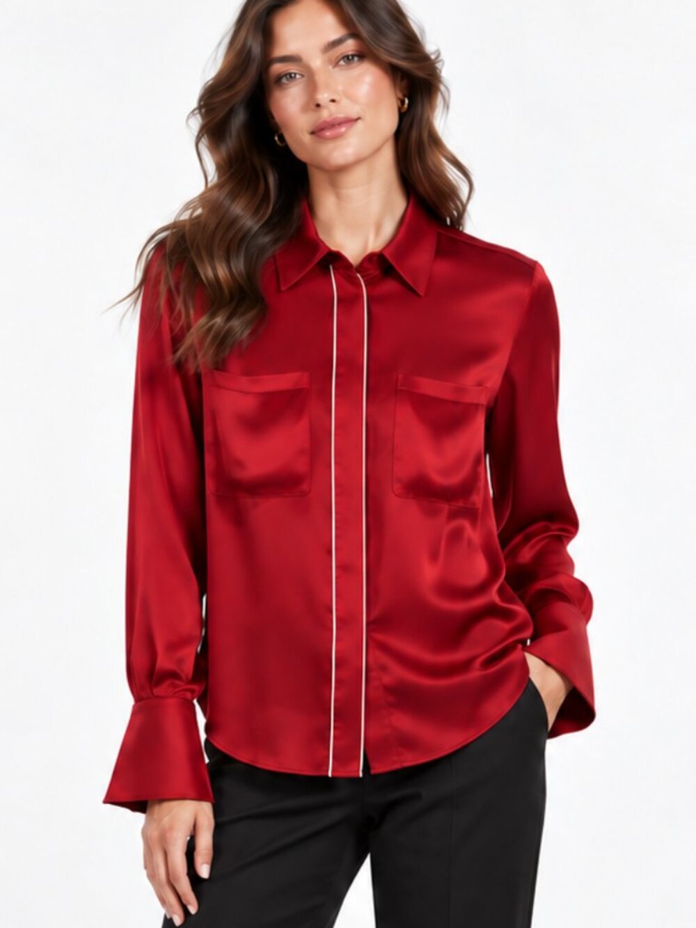 NWT Ramy Brook Aliza Button-Front Shirt with Piping Detail Reed / Small